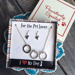 Pawsitively Spoiled  I Love My Dog Silver Tone Necklace and Earrings Set NIB